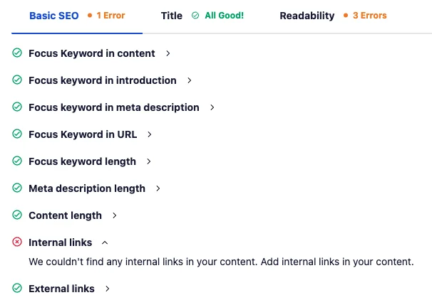 All in One SEO page analysis report showing keyword usage and internal linking issues.