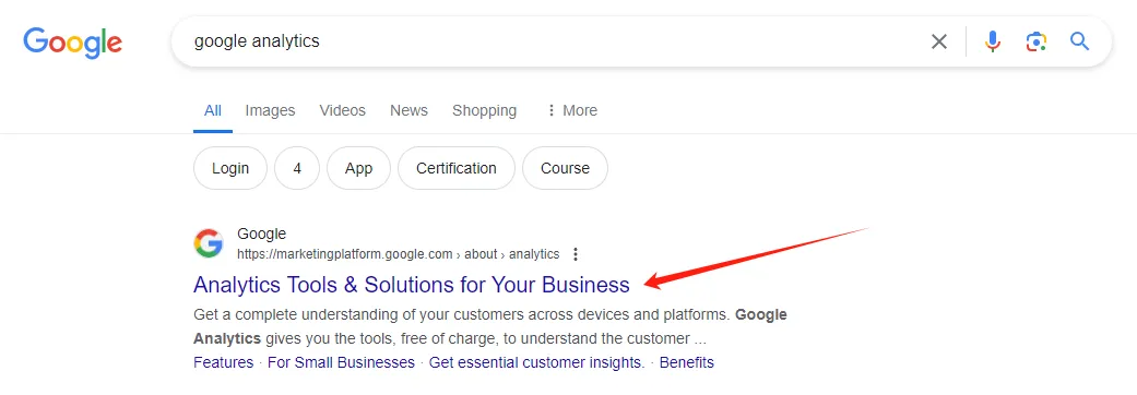 在谷歌搜索 Google Analytics 的搜索结果页面