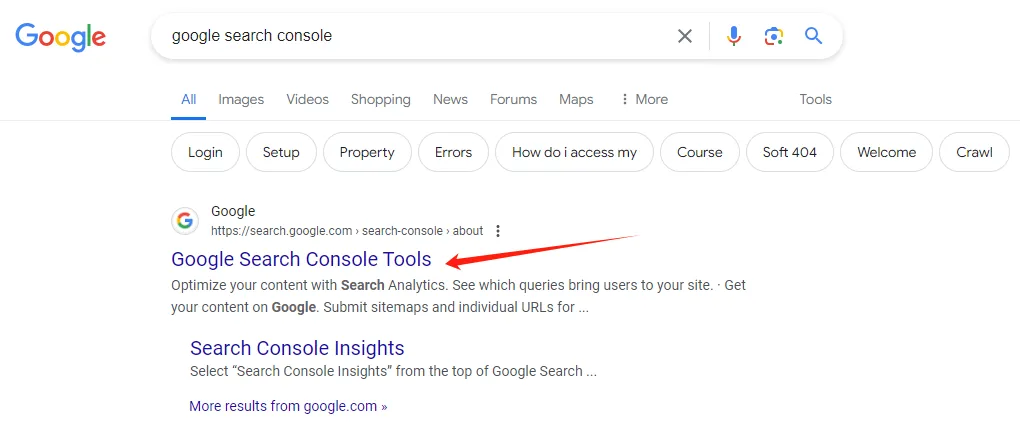 在谷歌搜索 Google Search Console 的搜索结果页面