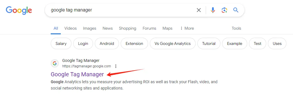 在谷歌搜索 Google Tag Manager 的搜索结果页面