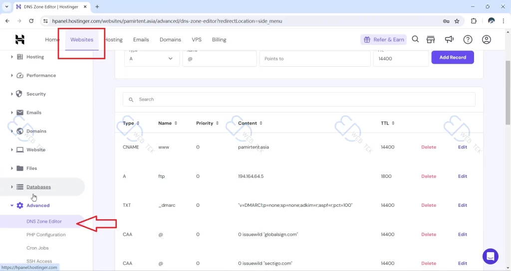Hostinger DNS Zone Editor 入口