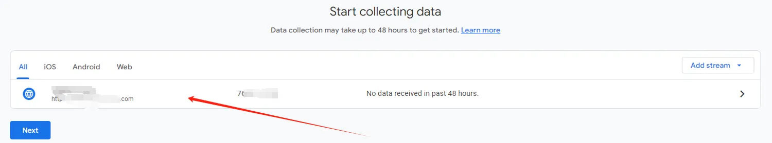 GA4 Start collecting data 选择网站