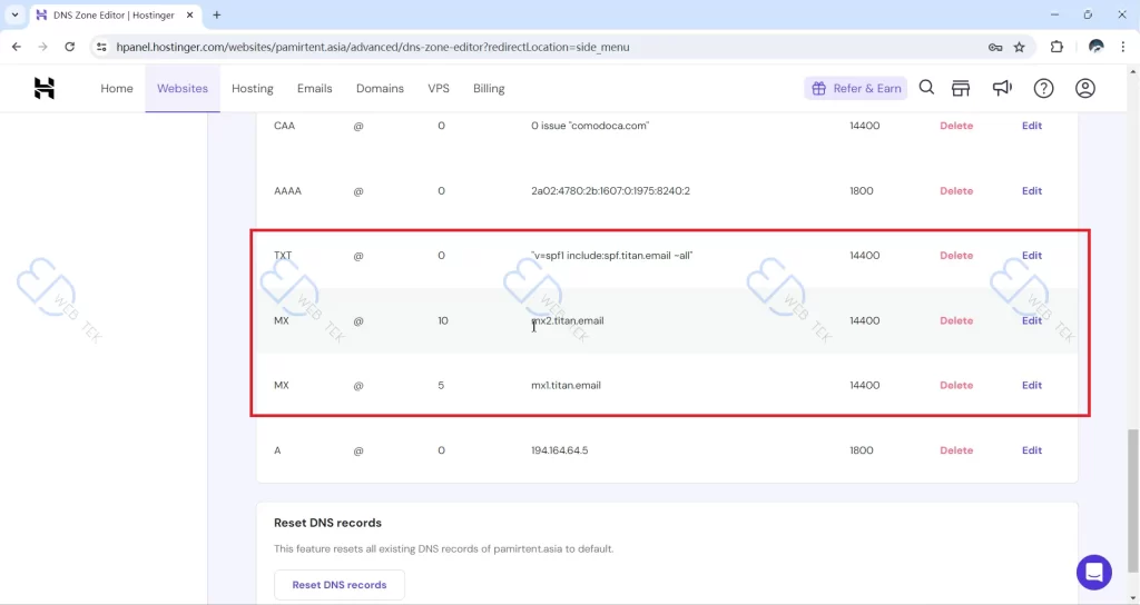 Hostinger 删除原有 MX 记录