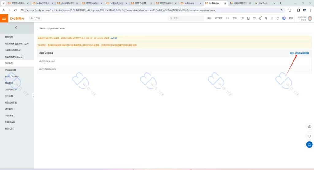 阿里云修改 DNS 的 NS 地址输入