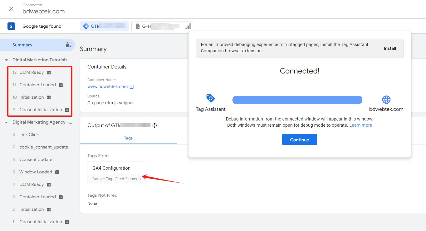 Google Tag Assistant 中的浏览活动记录