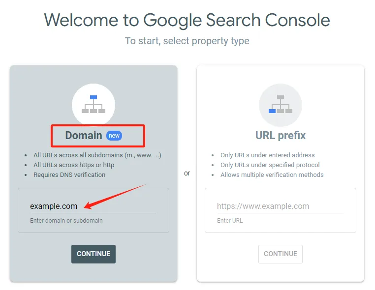 Search Console 添加资源时选择 Domain 类型的界面