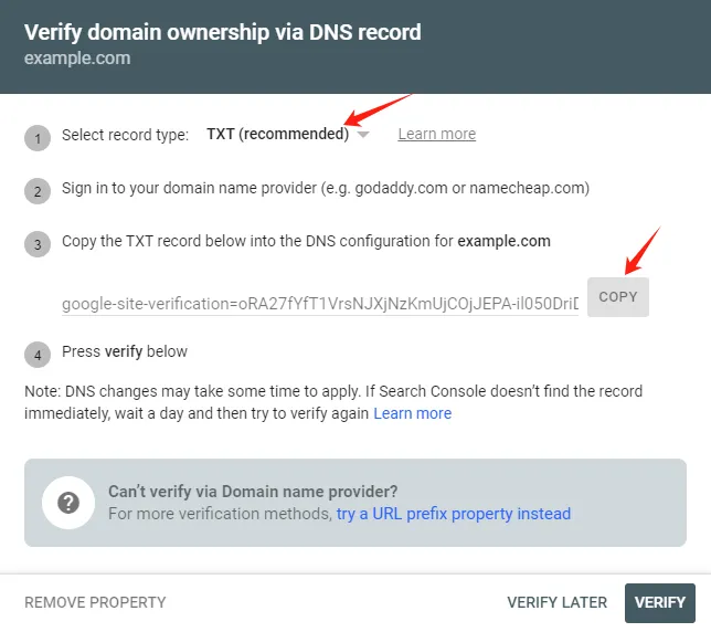 Search Console 域名所有权验证弹窗中的 TXT 记录
