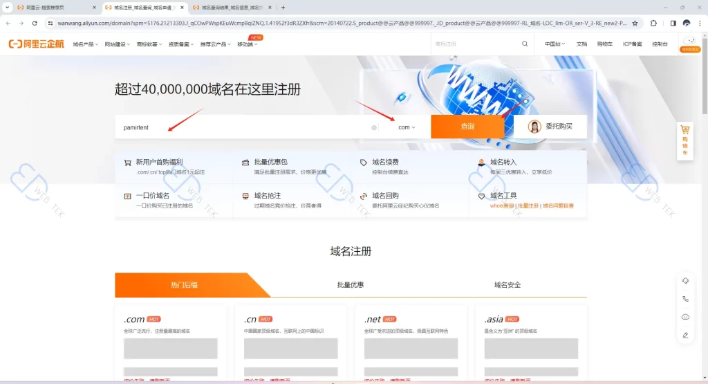 阿里云域名查询页面