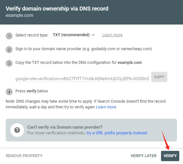 Search Console 验证弹窗中的 Verify 按钮