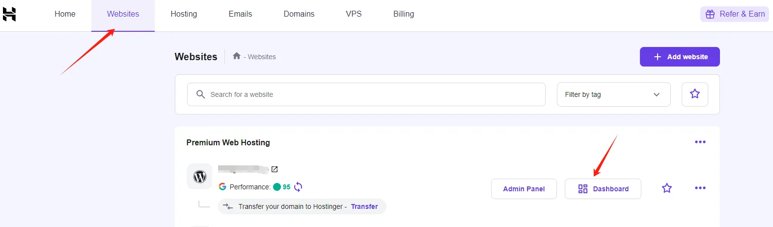 Hostinger 后台的 Dashboard 入口
