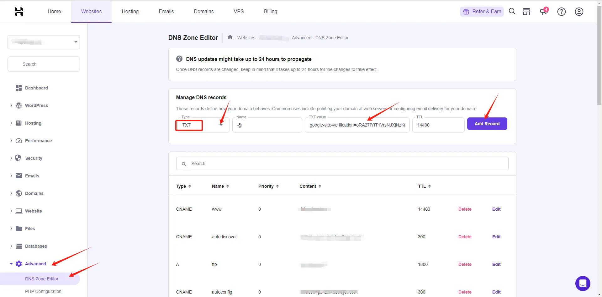 Hostinger DNS Zone Editor 中添加 TXT 记录