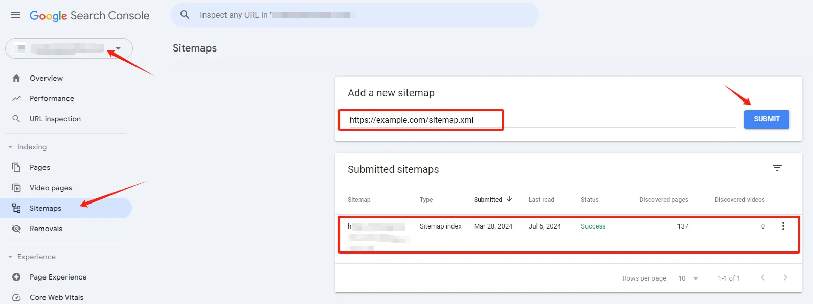 Search Console 提交站点地图的 Sitemaps 页面