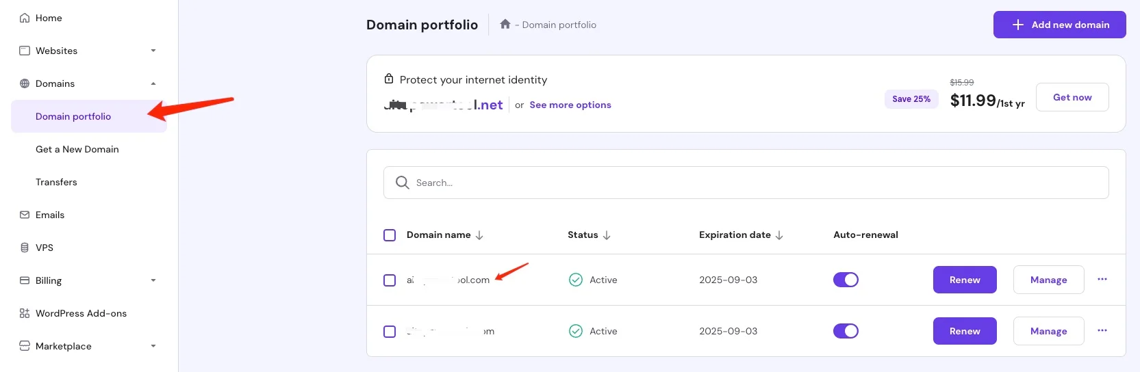 Hostinger hPanel 域名管理页面