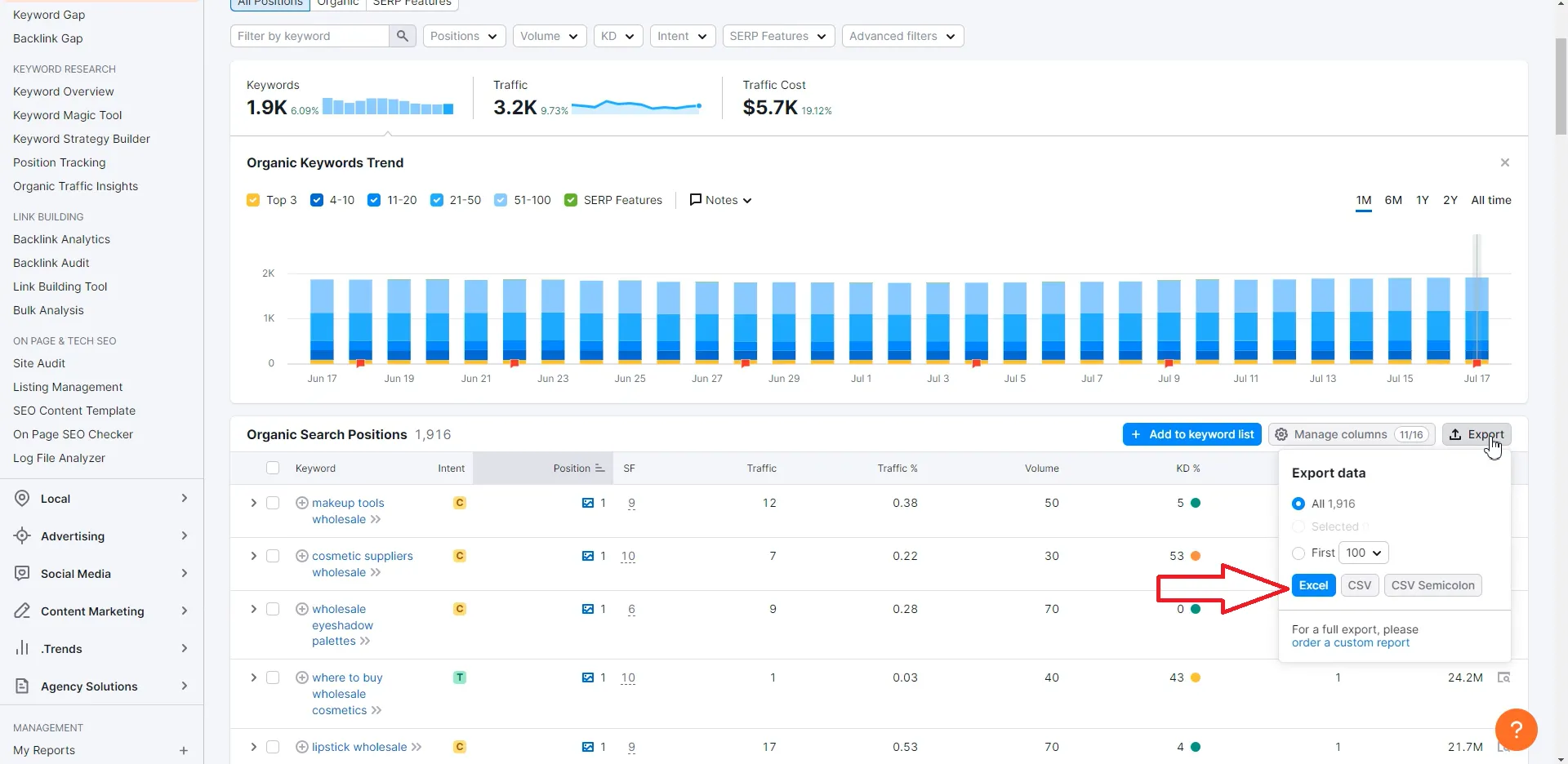 SEMrush 导出关键词为 Excel