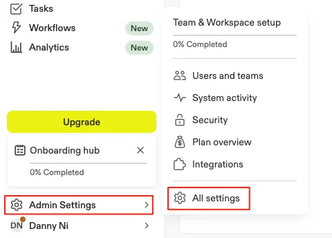 Apollo 后台设置界面,展示如何进入 All Settings 进行邮件营销配置。