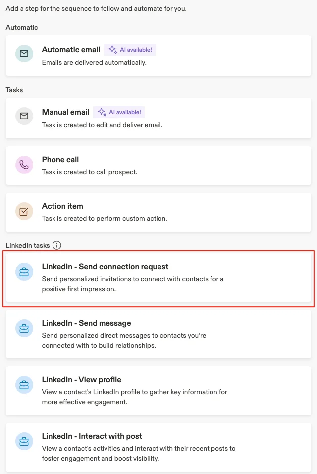 设置发送 LinkedIn connection 邀请的任务。