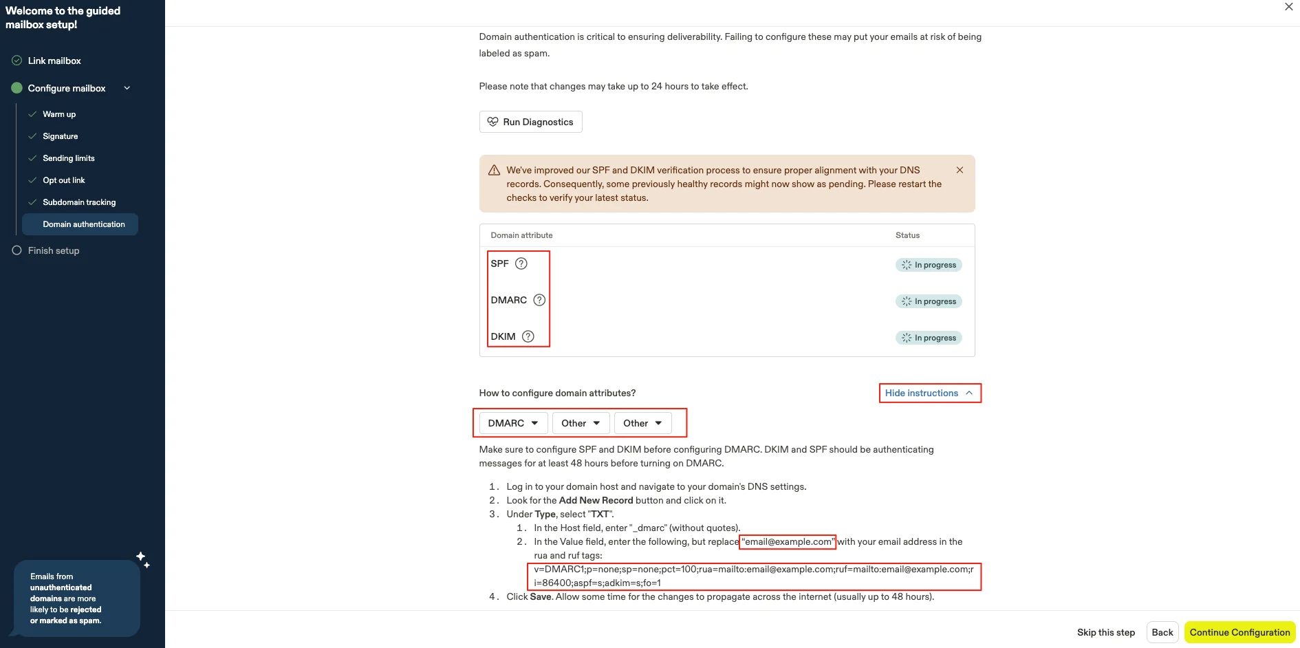 Apollo 域名验证诊断界面,点击 Run diagnostics 验证 SPF、DMARC、DKIM。