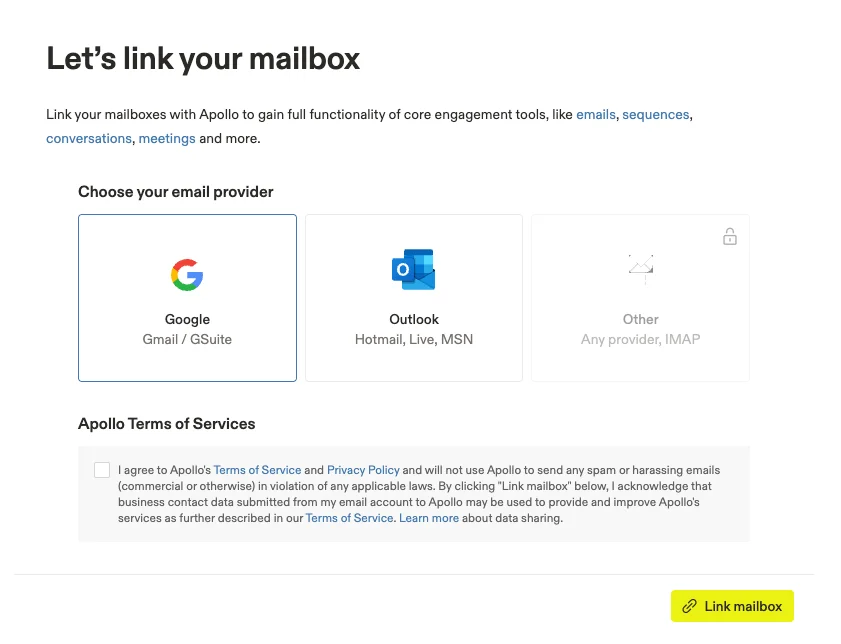 选择要绑定至 Apollo 的邮箱服务商,如 Google、Outlook 或其他。