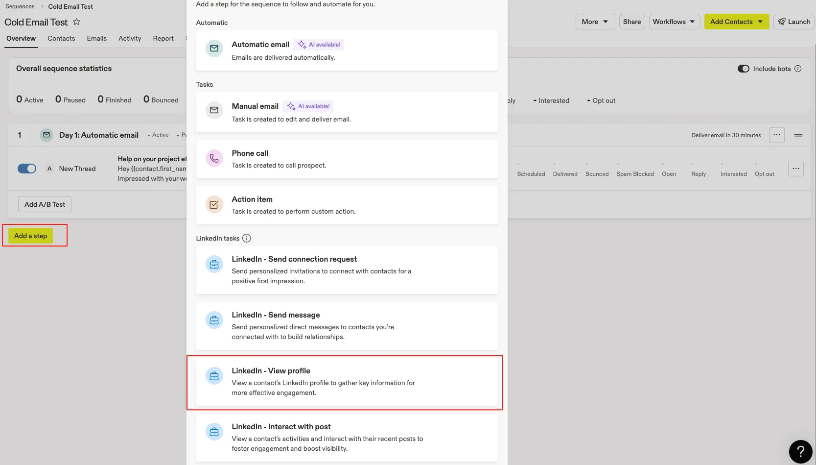 在序列中添加访问 LinkedIn 页面的步骤。