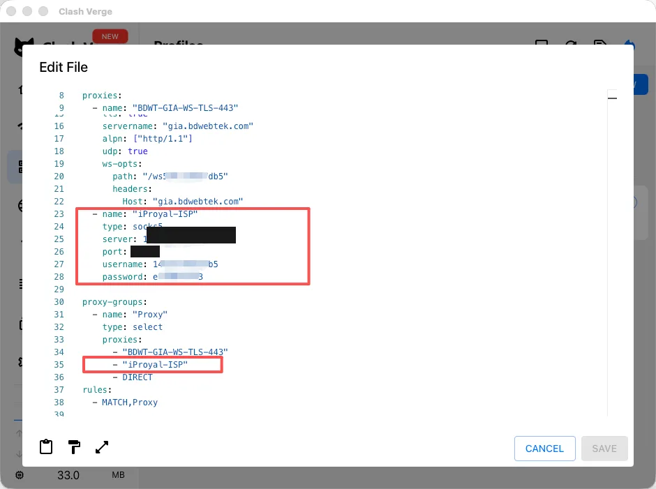 在 YAML 配置的 proxies 里新增 ISP 住宅 IP 的 socks5 节点，并把它加进节点组的 proxies 列表