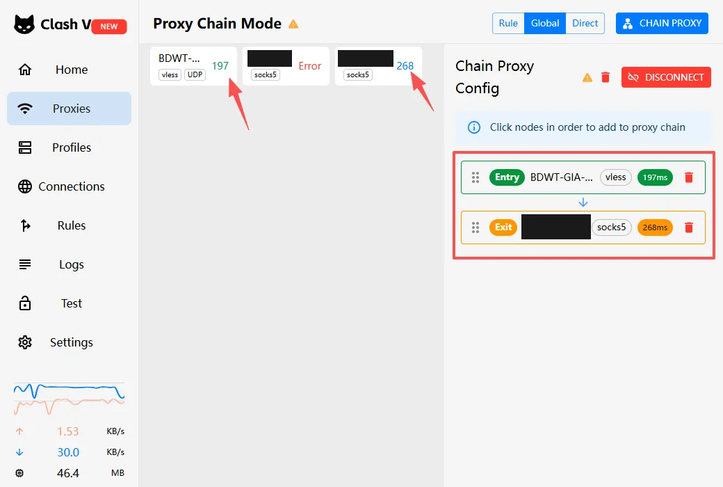 在 Proxies 页切到 Chain Proxy，从上到下依次点选入口 VLESS 节点和出口 Socks5 节点