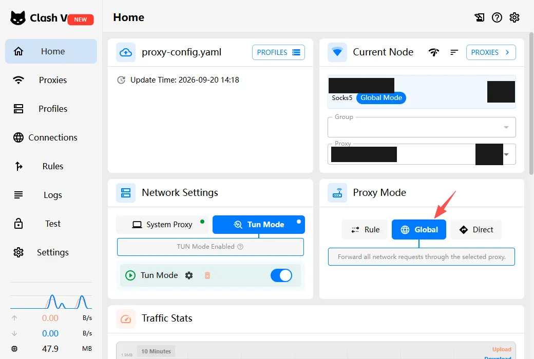Clash Verge Rev 首页把 Proxy Mode 从 Rule 切到 Global，让所有流量都走链式代理