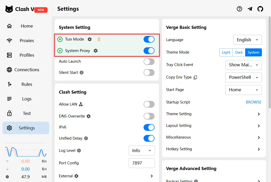 Clash Verge Rev 的 Settings 页面，同时打开 System Proxy 和 Tun Mode 两个开关