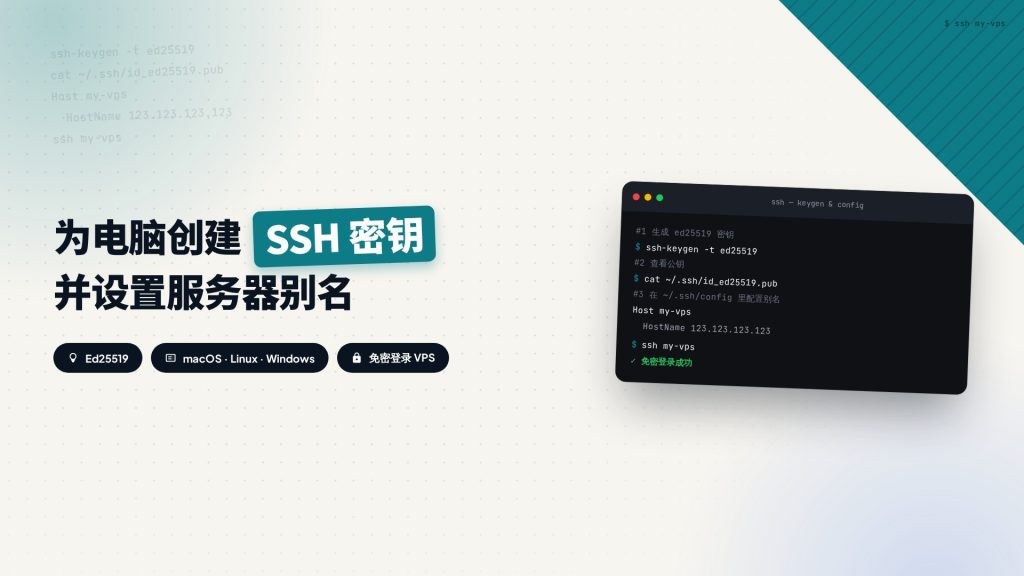 SSH 密钥登录与服务器别名配置教程封面：终端生成 ed25519 密钥、查看公钥并配置 ssh 别名