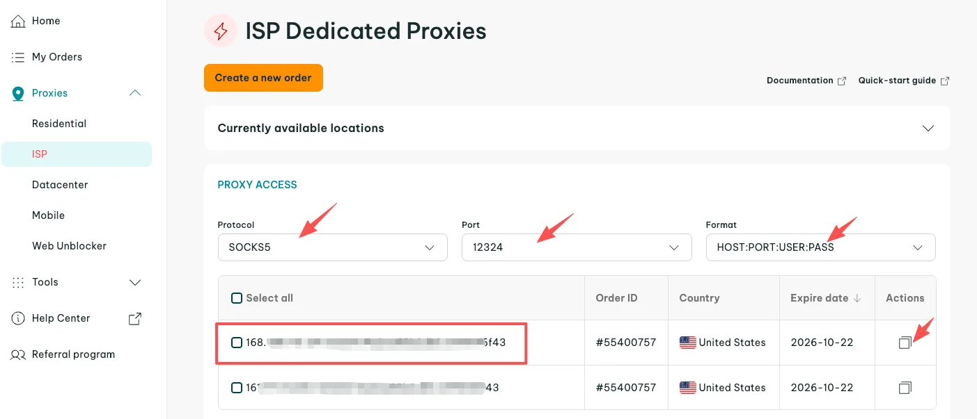 IPRoyal 代理详情面板，Protocol 选择 Socks5 后复制 IP、端口、用户名和密码