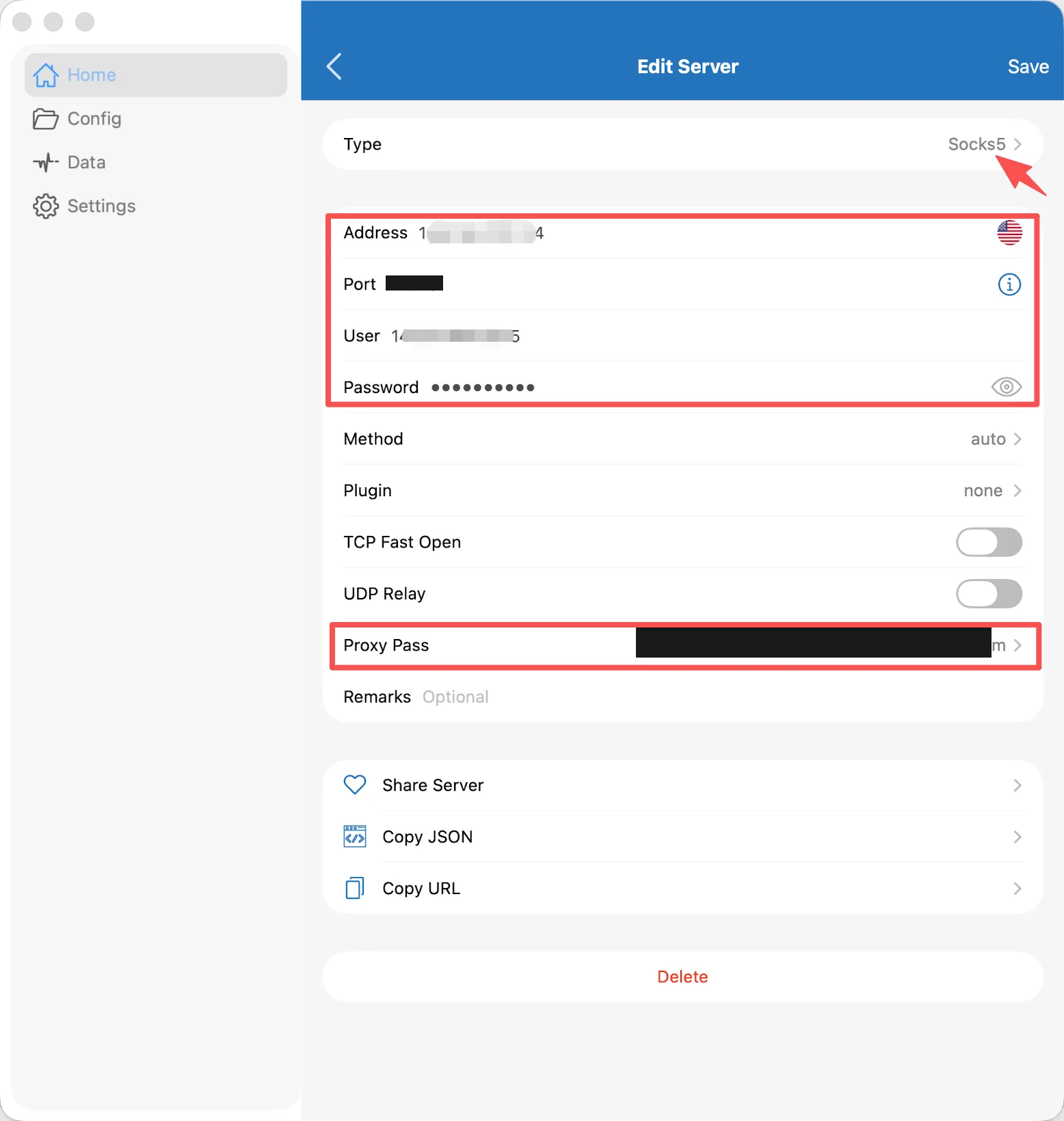 Shadowrocket 的 Edit Server 页面，类型选 SOCKS5 后填写 ISP 代理的 Address、Port、User、Password，Proxy Pass 指向已导入的节点