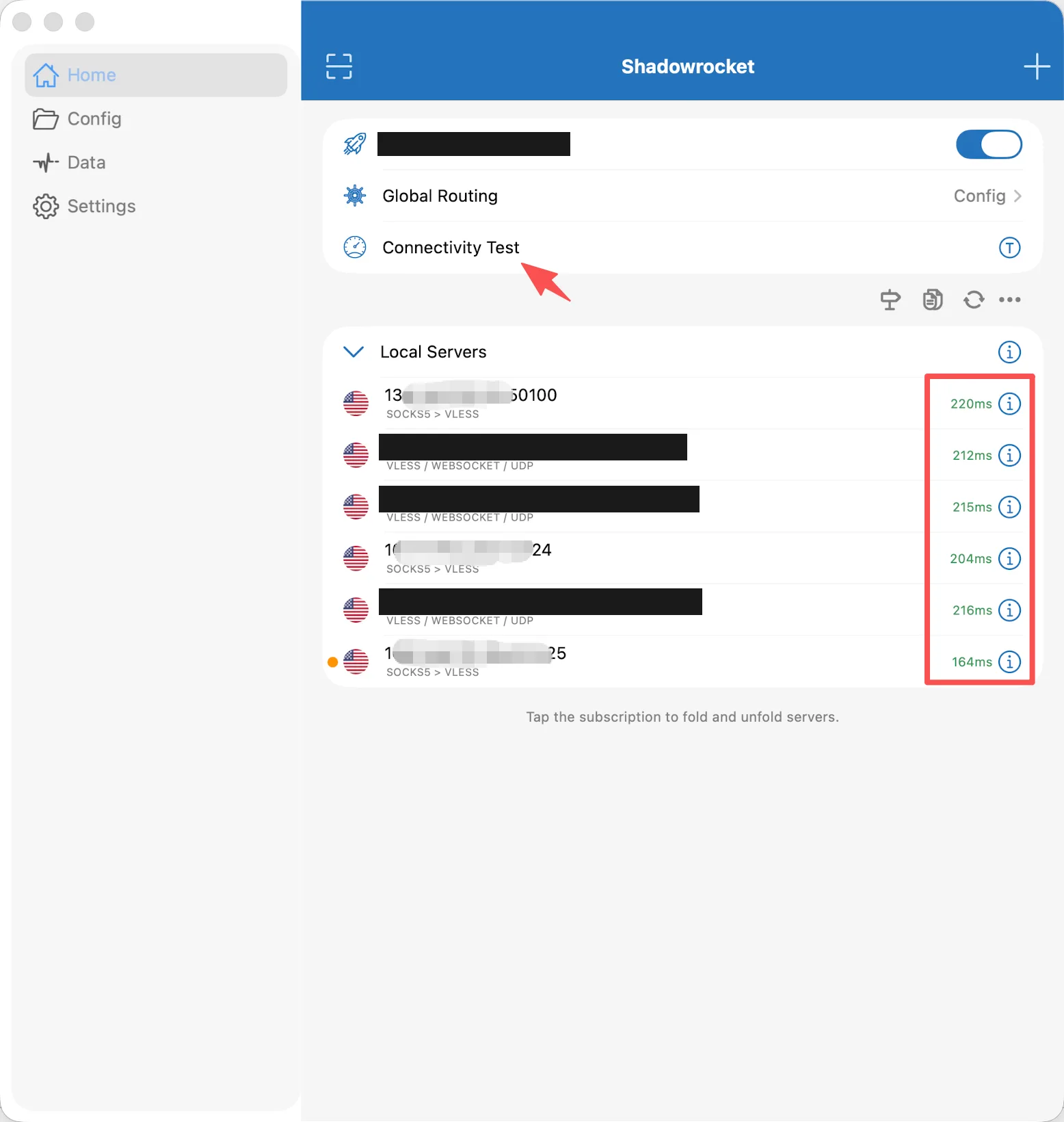 Shadowrocket 首页点击 Connectivity Test 查看每个节点的延迟，绿色毫秒数字表示连接正常